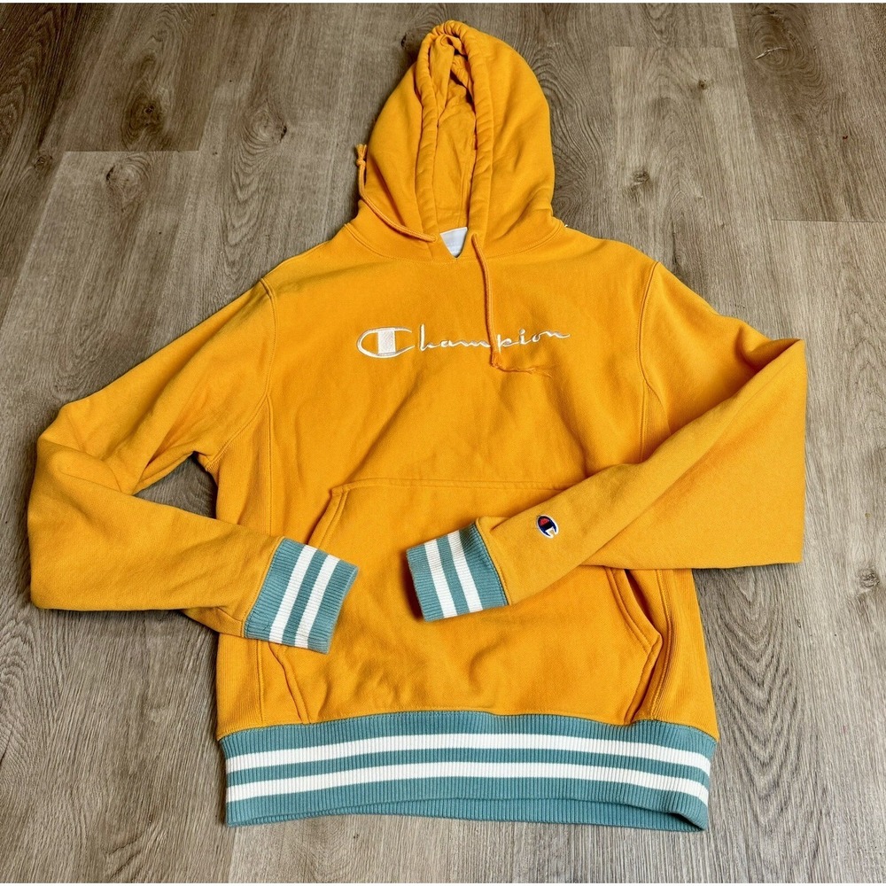 Champion Reverse Weave Hoodie Orange Embroidered Logo Striped Cuffs Size Small